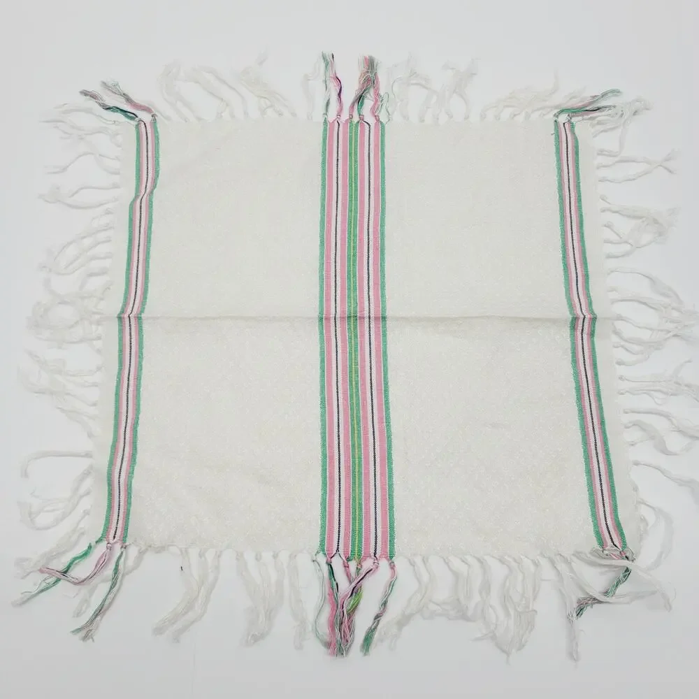 2 VTG White Diamond Texture Multi Stripe Fringed Napkins Green Pink Yellow Black